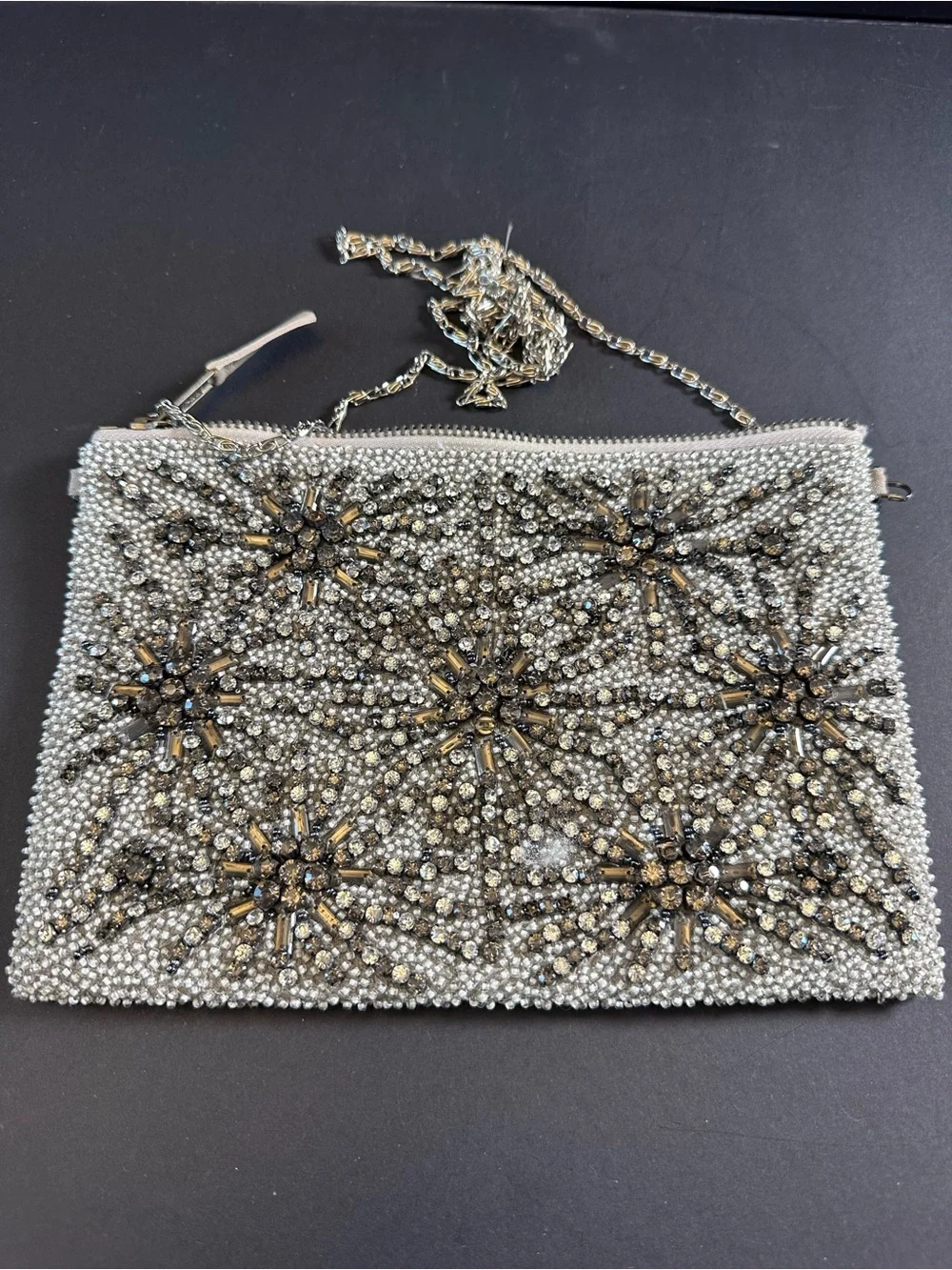 G-LISH Silver Rhinestone Beaded Evening Clutch Crossbody | Crystal Starburst